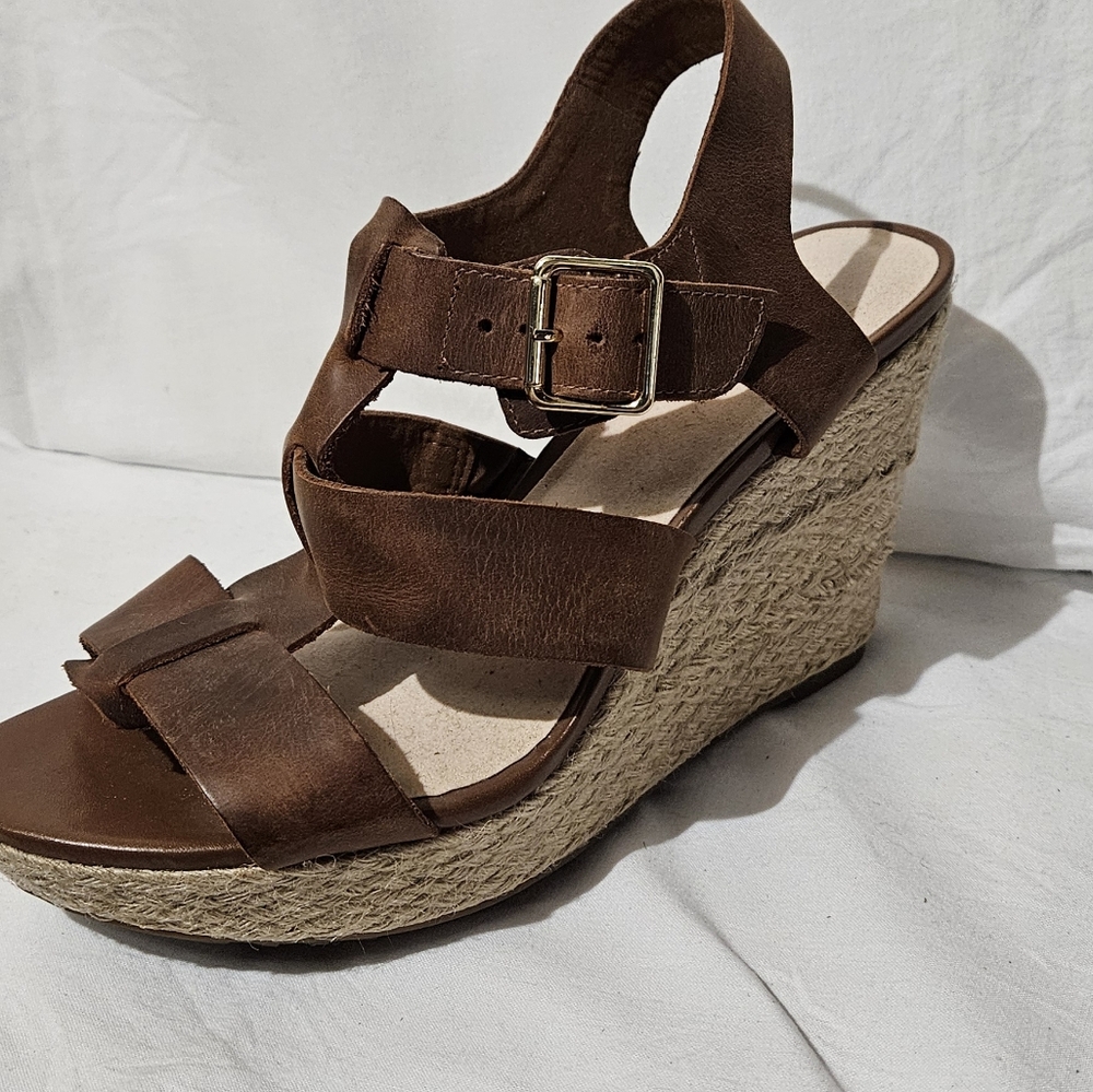 Clarks Brown Leather Wedge Shoes with Adjustable Straps